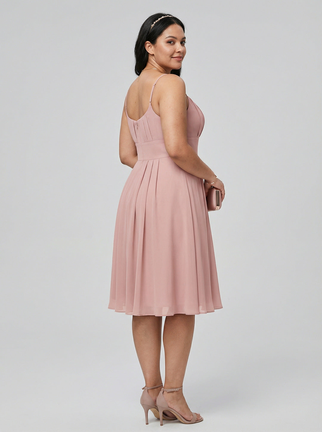 Coquette Dusty Rose Chiffon A-Line Straight Neck Back Zip with nan Knee-Length  Bridesmaid Dress