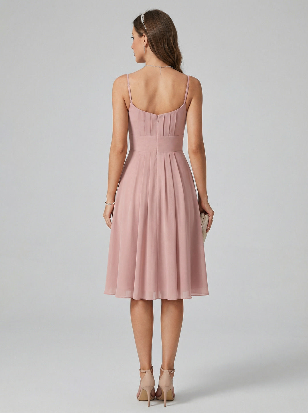 Coquette Dusty Rose Chiffon A-Line Straight Neck Back Zip with nan Knee-Length  Bridesmaid Dress