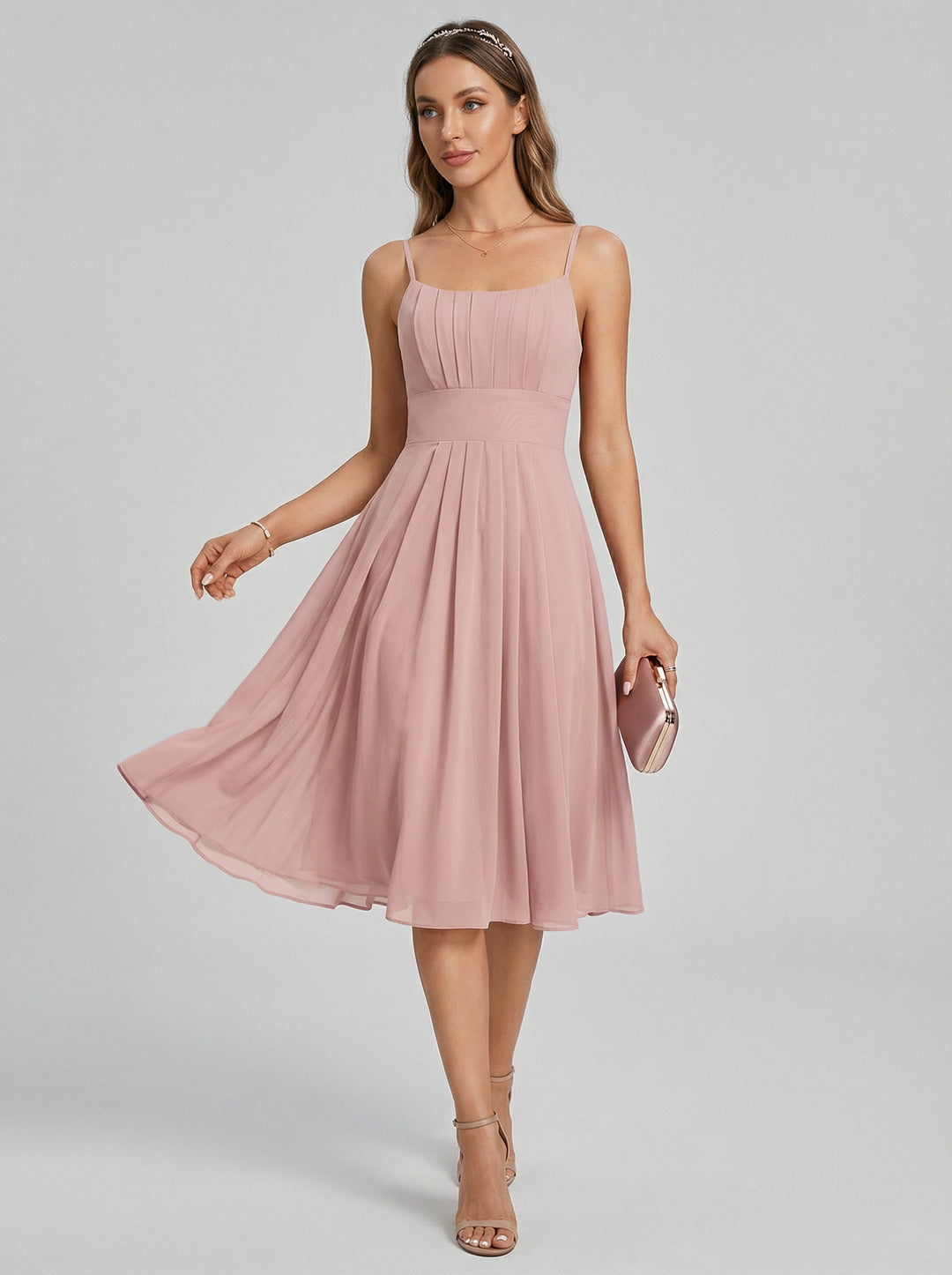 Coquette Dusty Rose Chiffon A-Line Straight Neck Back Zip with nan Knee-Length  Bridesmaid Dress