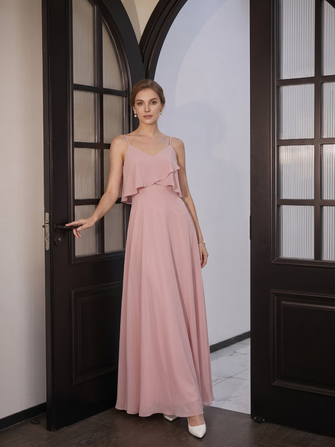 Coquette Dusty Rose Chiffon A-Line V-Neck Back Zip with Ruffle Ankle-Length Bridesmaid Dress