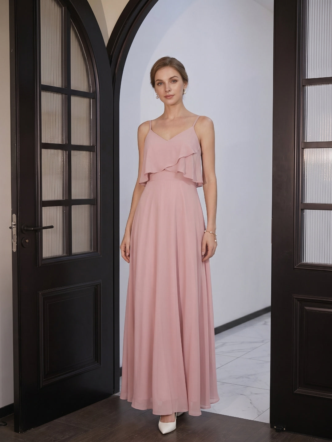Coquette Dusty Rose Chiffon A-Line V-Neck Back Zip with Ruffle Ankle-Length Bridesmaid Dress