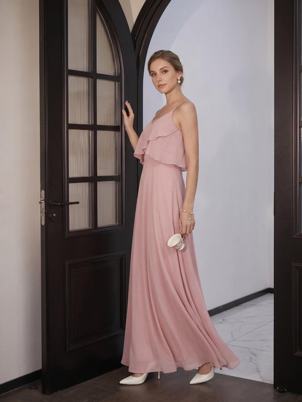 Coquette Dusty Rose Chiffon A-Line V-Neck Back Zip with Ruffle Ankle-Length Bridesmaid Dress