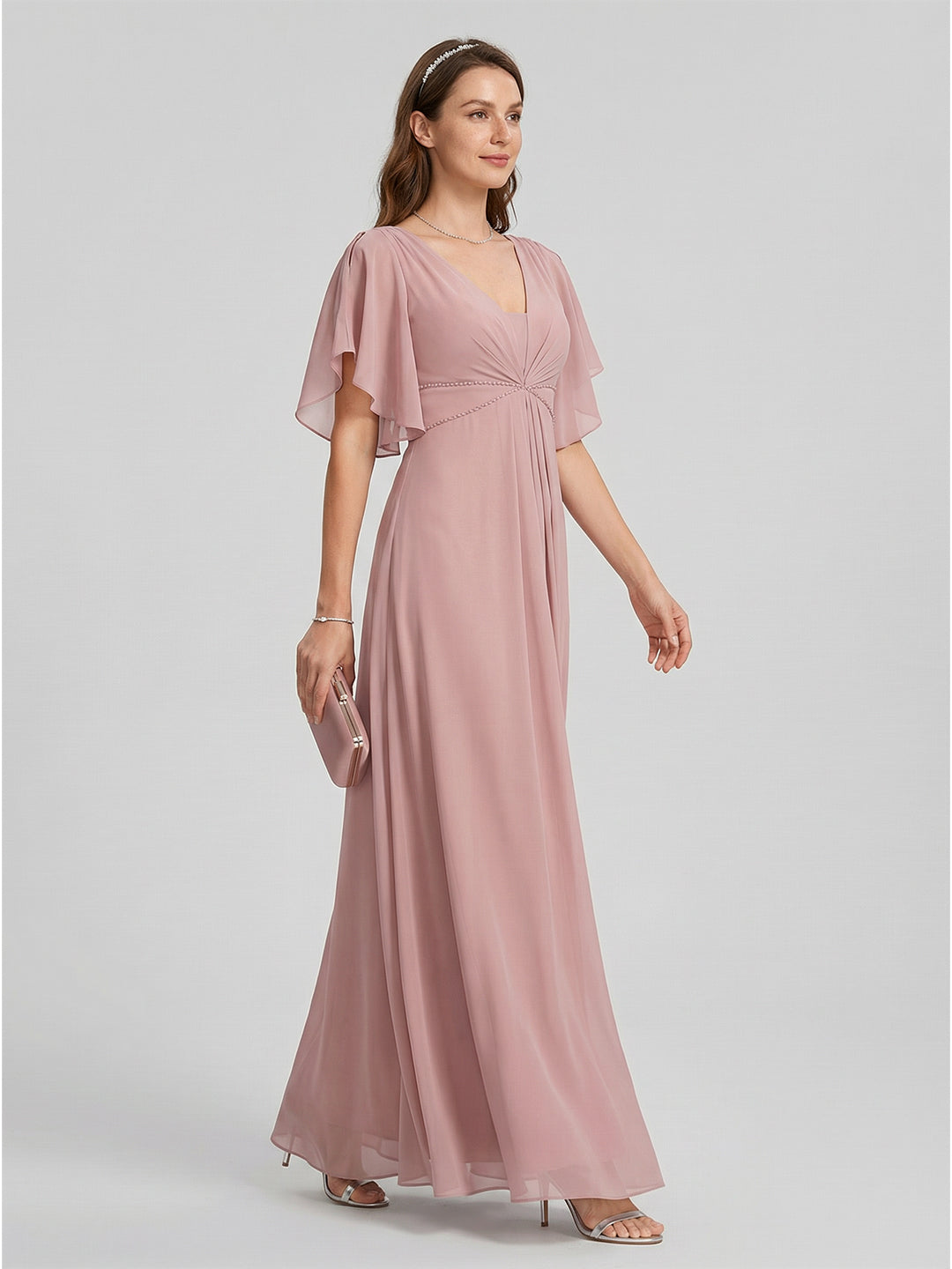 Coquette Dusty Rose Chiffon A-Line V-Neck V-Back Ankle-Length Bridesmaid Dress