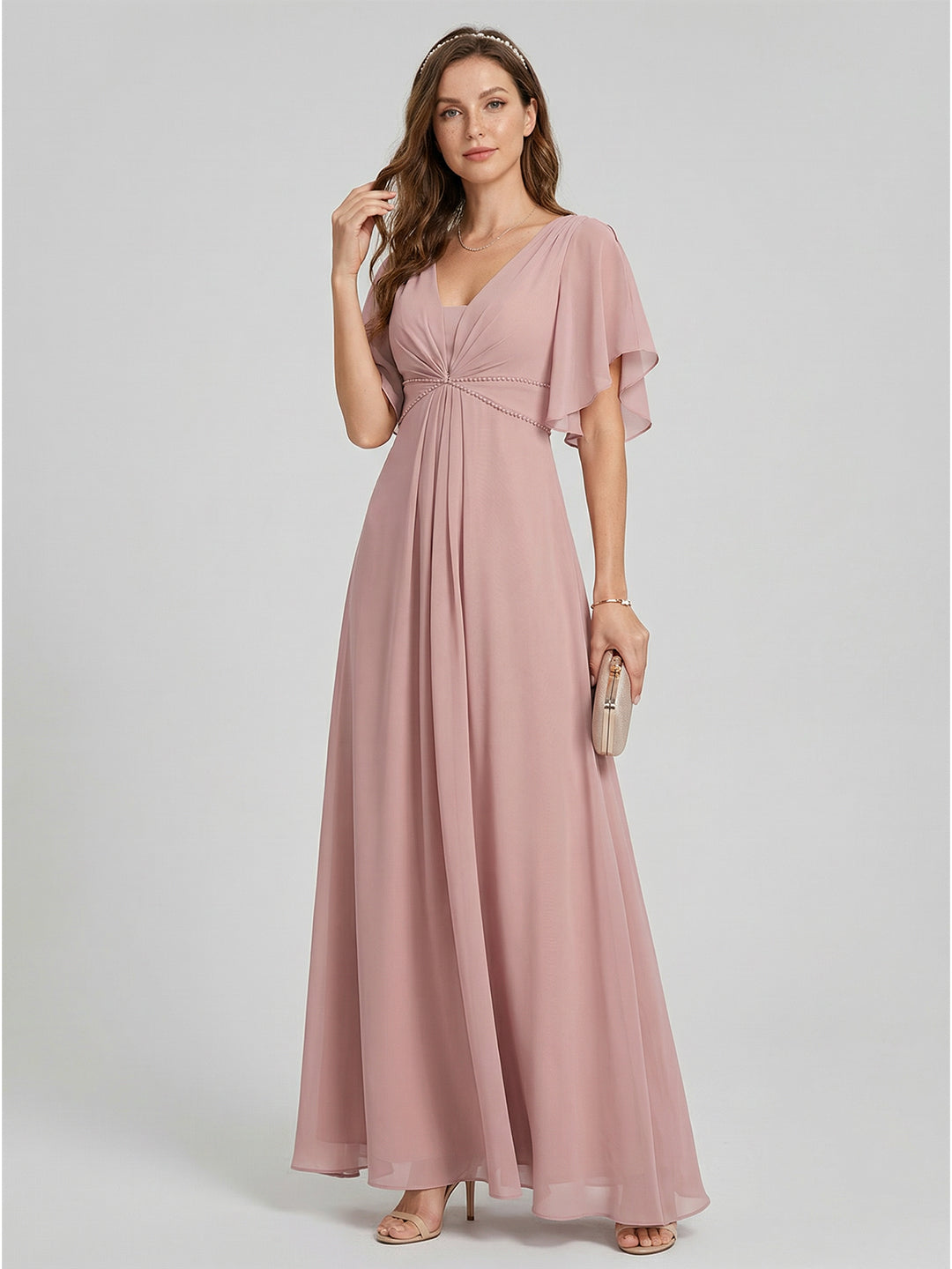 Coquette Dusty Rose Chiffon A-Line V-Neck V-Back Ankle-Length Bridesmaid Dress