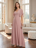 Coquette Dusty Rose Chiffon A-Line V-Neck V-Back Ankle-Length Bridesmaid Dress