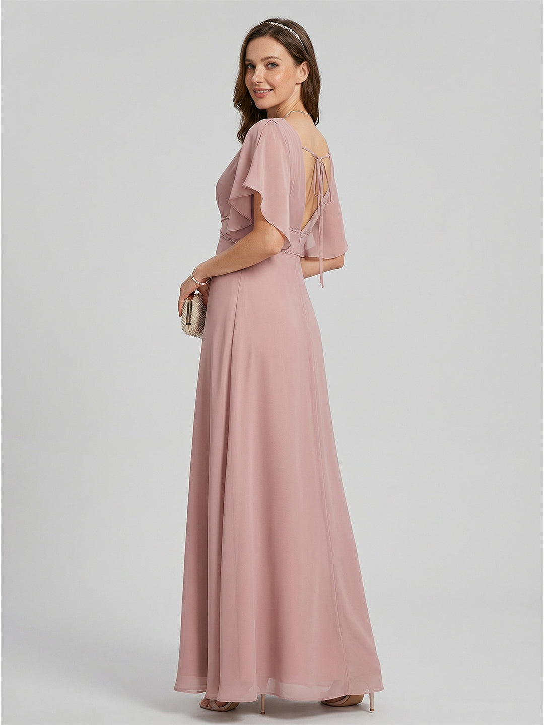 Coquette Dusty Rose Chiffon A-Line V-Neck V-Back Ankle-Length Bridesmaid Dress