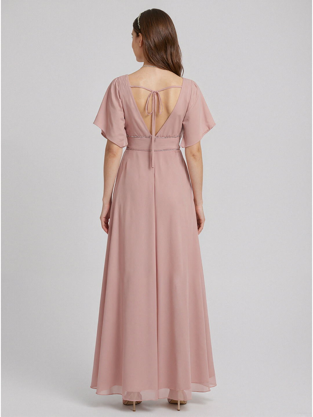 Coquette Dusty Rose Chiffon A-Line V-Neck V-Back Ankle-Length Bridesmaid Dress