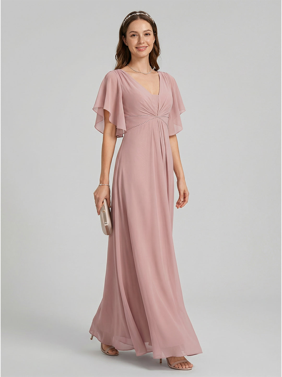 Coquette Dusty Rose Chiffon A-Line V-Neck V-Back Ankle-Length Bridesmaid Dress