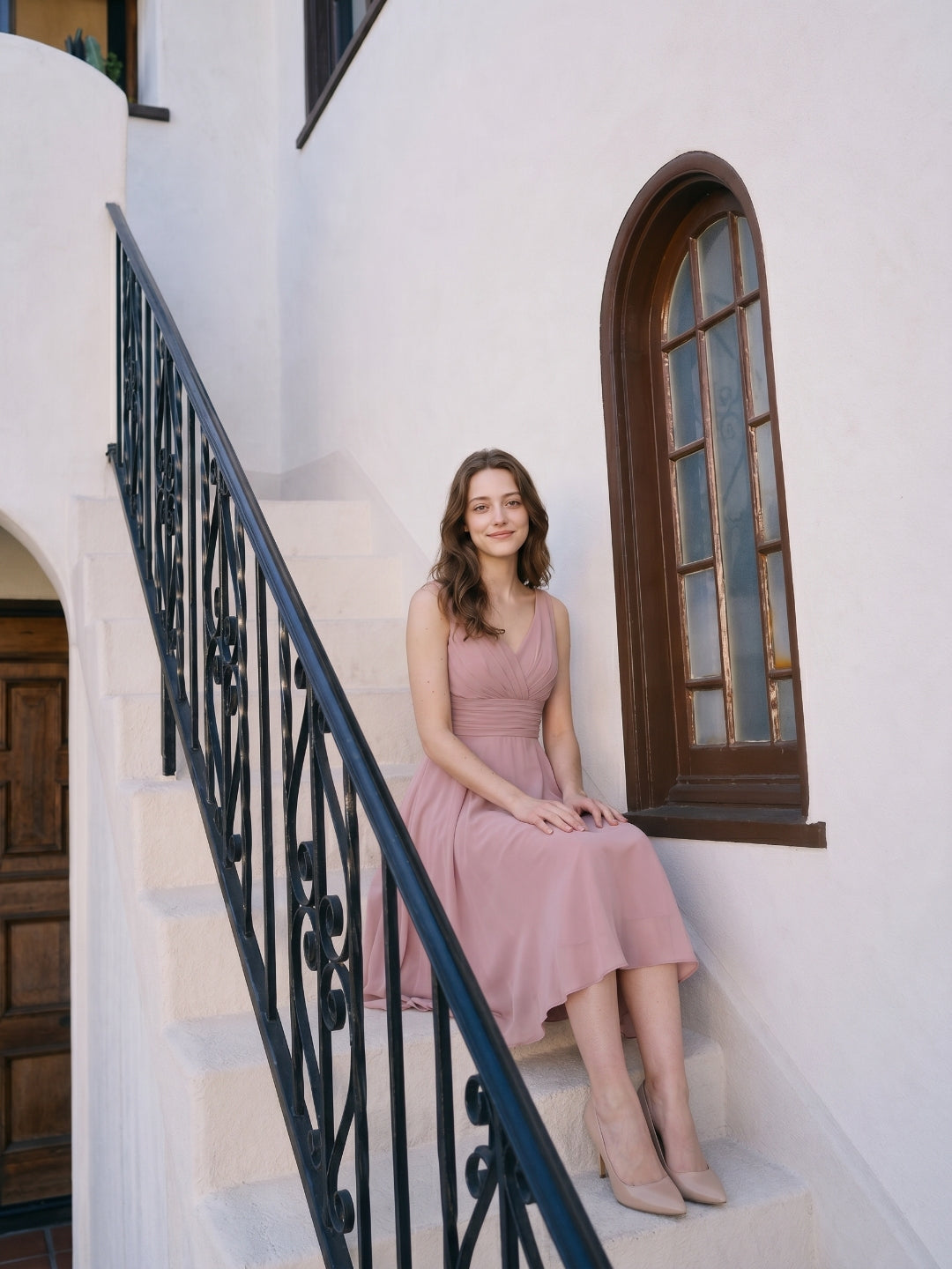 Coquette Dusty Rose Chiffon A-Line V-Neck V-Back with  Knee-Length Bridesmaid Dress