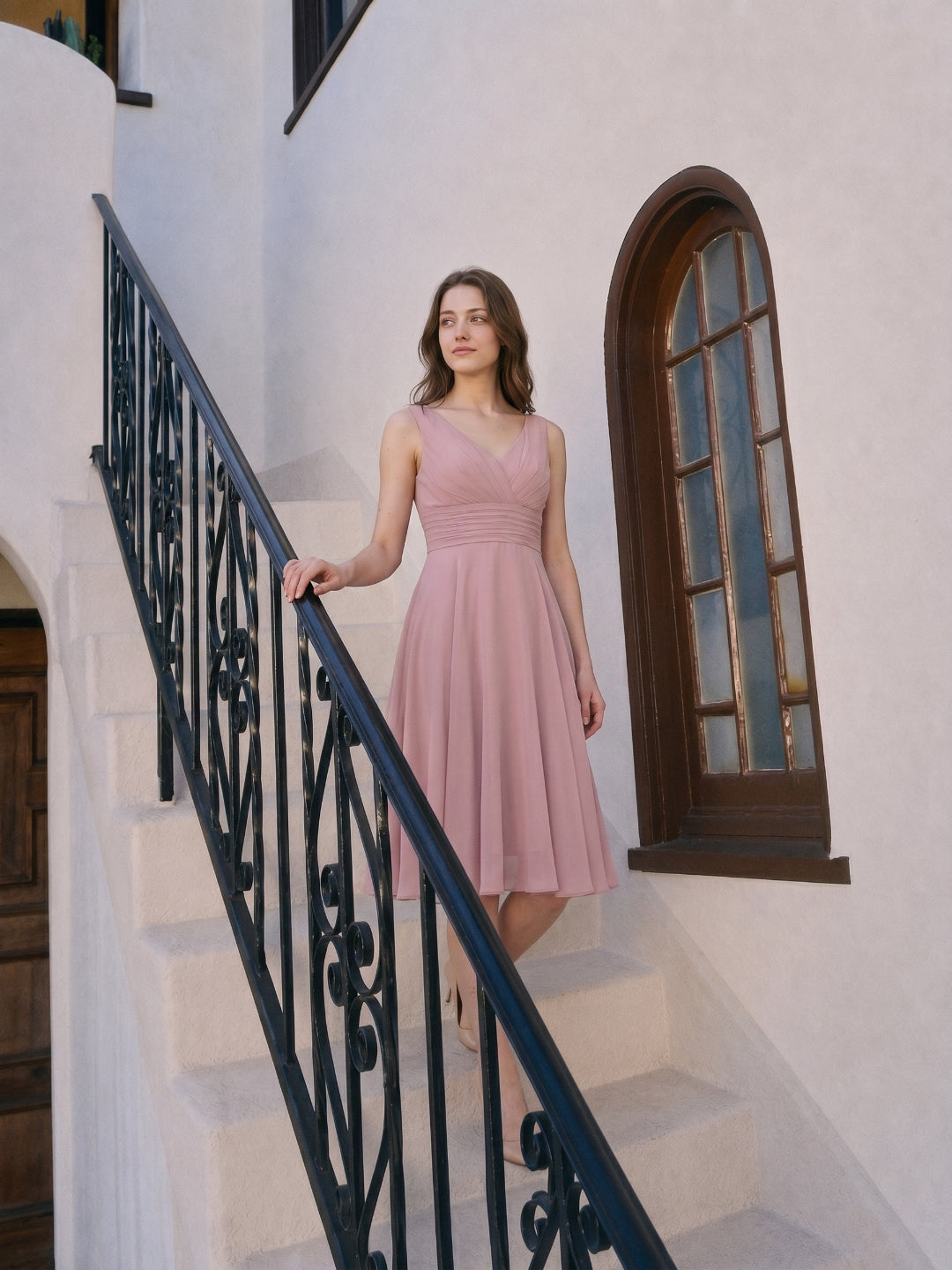 Coquette Dusty Rose Chiffon A-Line V-Neck V-Back with  Knee-Length Bridesmaid Dress