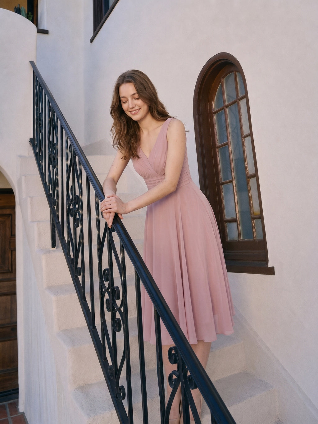 Coquette Dusty Rose Chiffon A-Line V-Neck V-Back with  Knee-Length Bridesmaid Dress