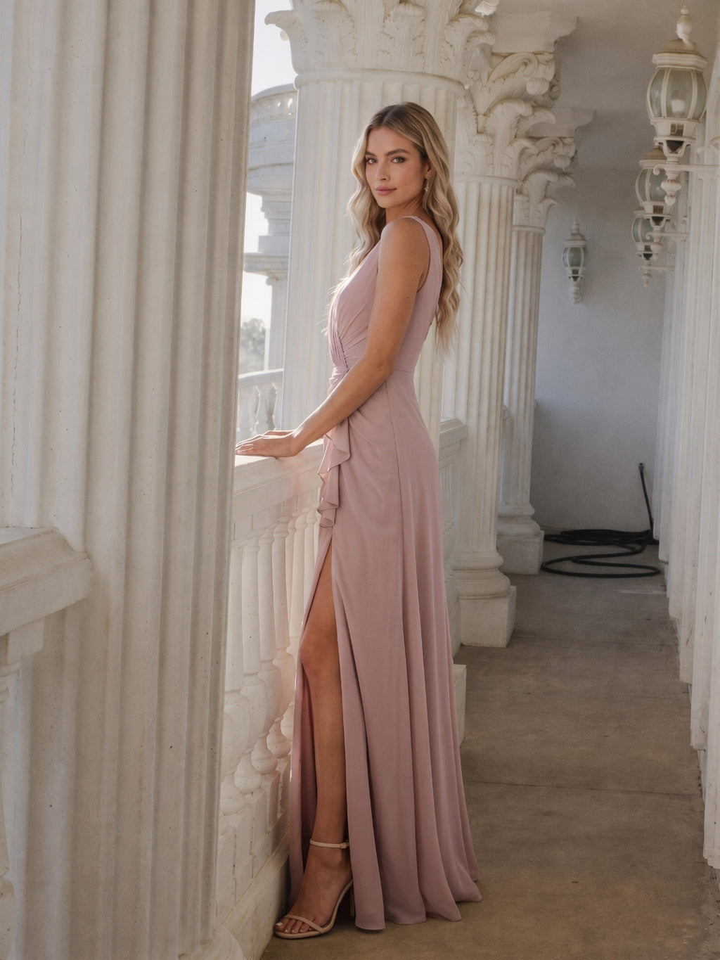 Coquette Dusty Rose Chiffon A-Line V-Neck V-Back with Sash Detail Ankle-Length Bridesmaid Dress