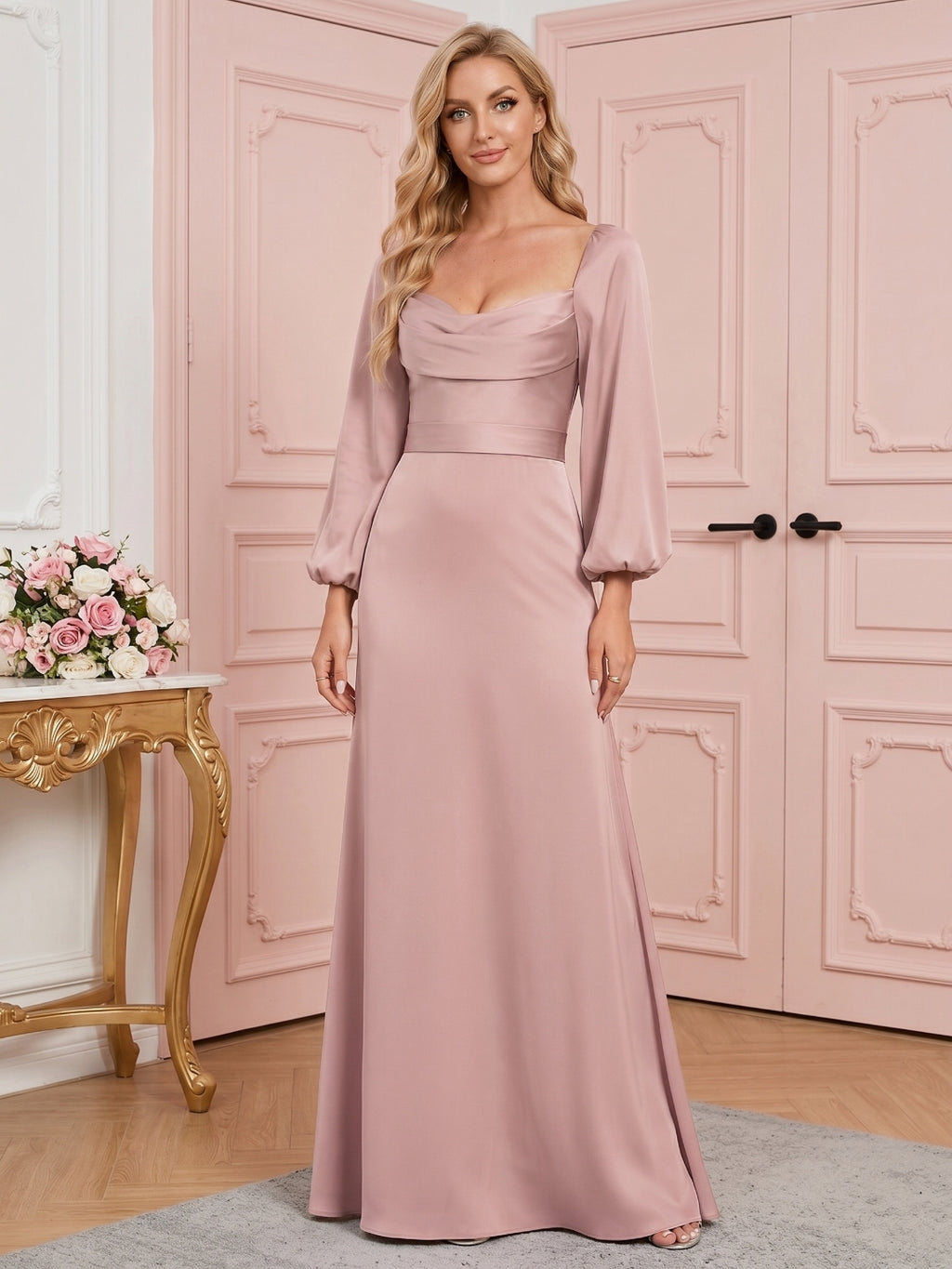 Coquette Dusty Rose Matte Satin A-Line Square Neck Back Zip Ankle-Length Plus Size Bridesmaid Dress