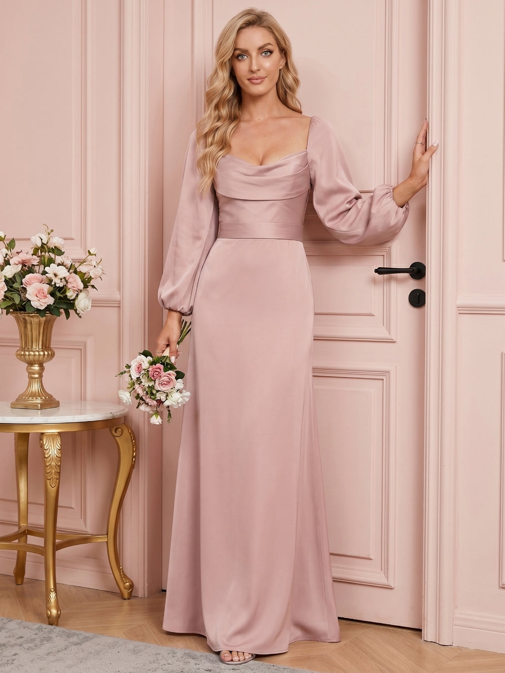 Coquette Dusty Rose Matte Satin A-Line Square Neck Back Zip Ankle-Length Plus Size Bridesmaid Dress