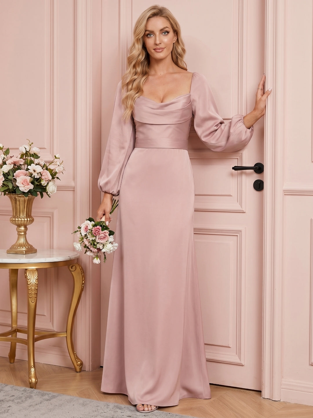 Coquette Dusty Rose Matte Satin A-Line Square Neck Back Zip Ankle-Length Plus Size Bridesmaid Dress