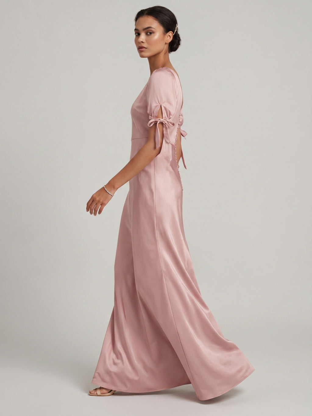 Coquette Dusty Rose Satin Sheath V-Neck V-Back Ankle-Length Bridesmaid Dress