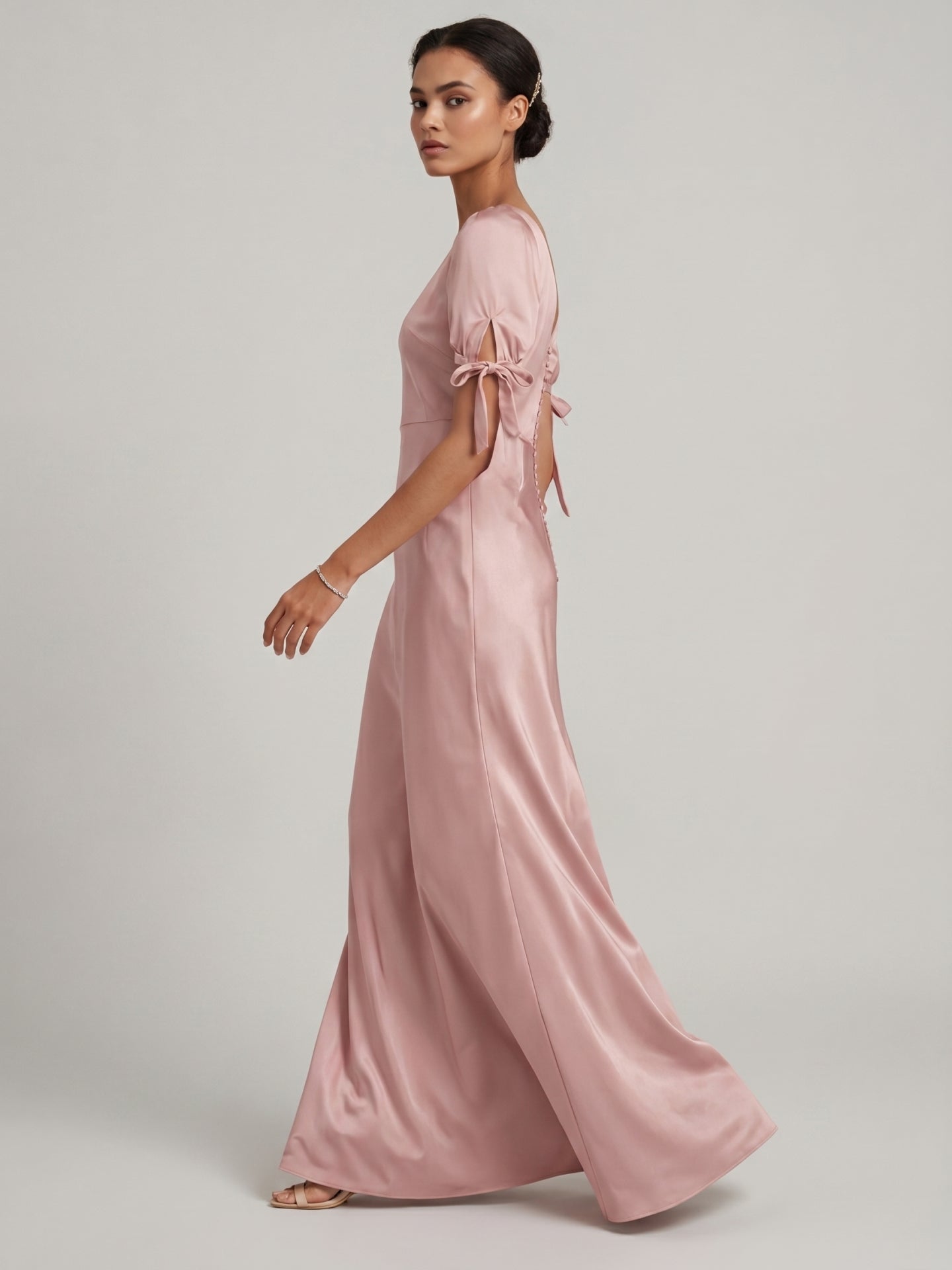 Coquette Dusty Rose Satin Sheath V-Neck V-Back Ankle-Length Bridesmaid Dress