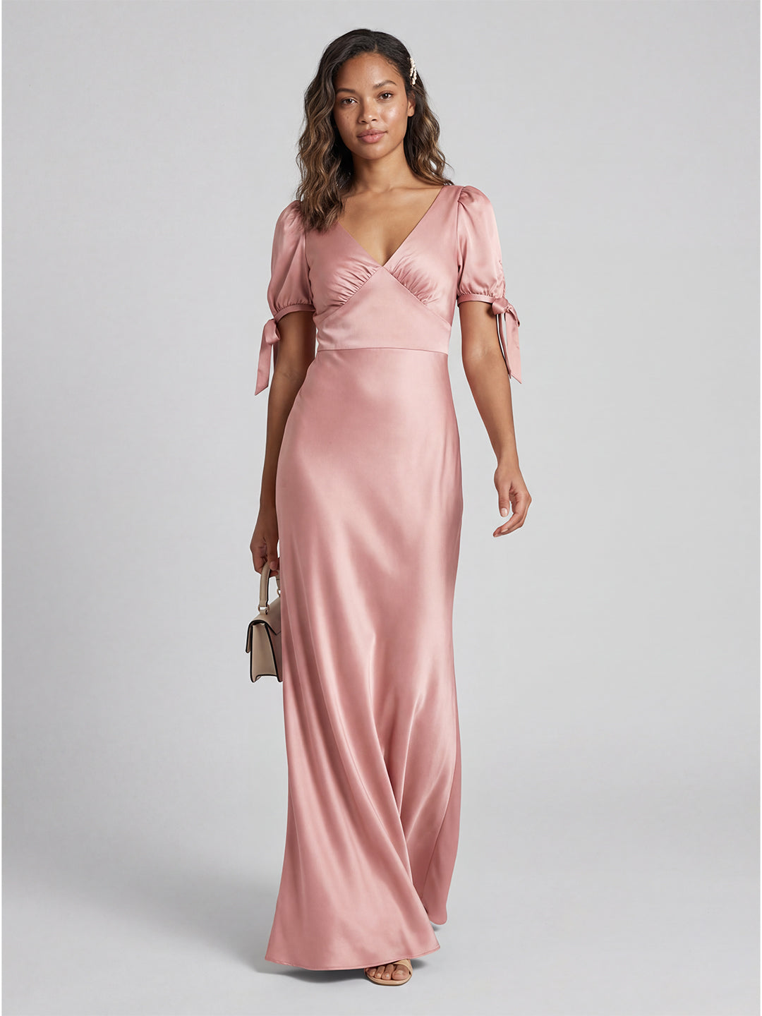 Coquette Dusty Rose Satin Sheath V-Neck V-Back Ankle-Length Bridesmaid Dress