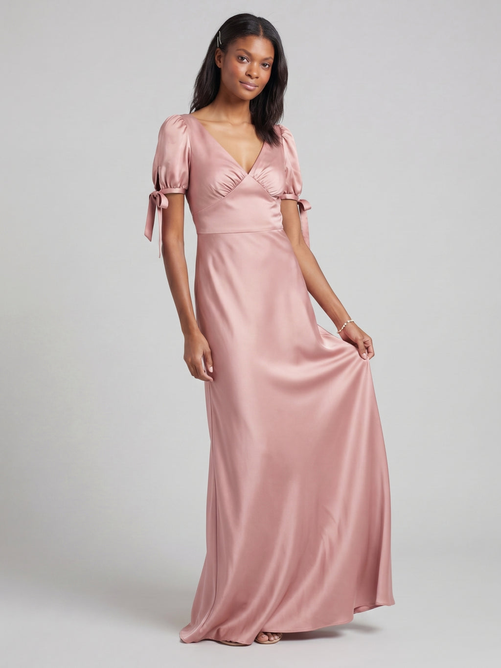 Coquette Dusty Rose Satin Sheath V-Neck V-Back Ankle-Length Bridesmaid Dress
