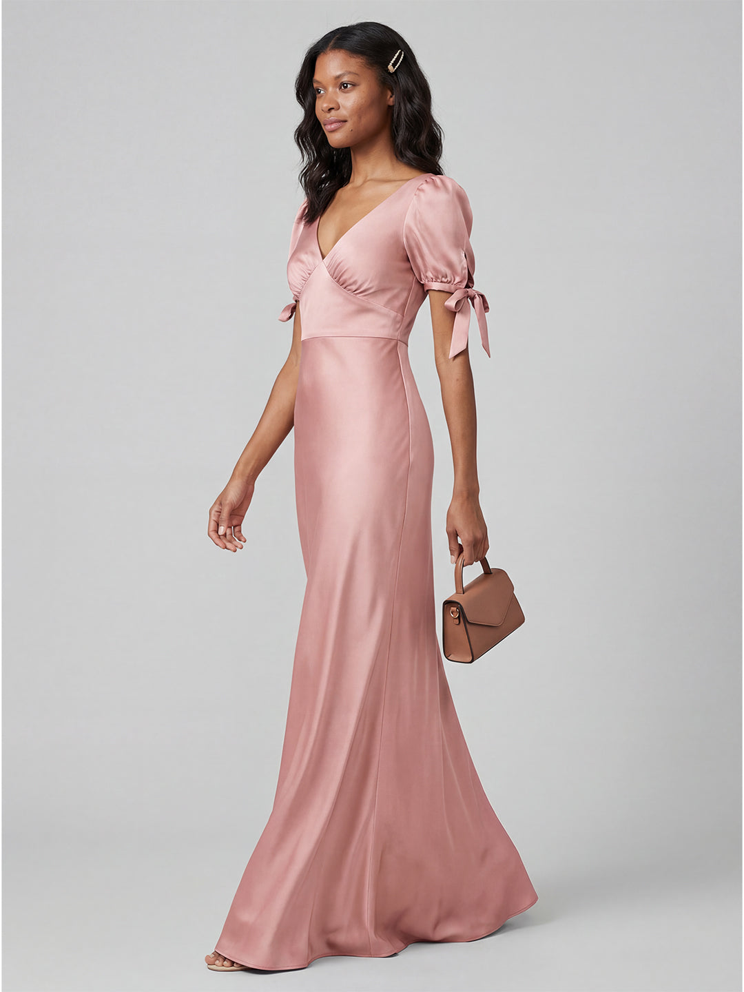 Coquette Dusty Rose Satin Sheath V-Neck V-Back Ankle-Length Bridesmaid Dress