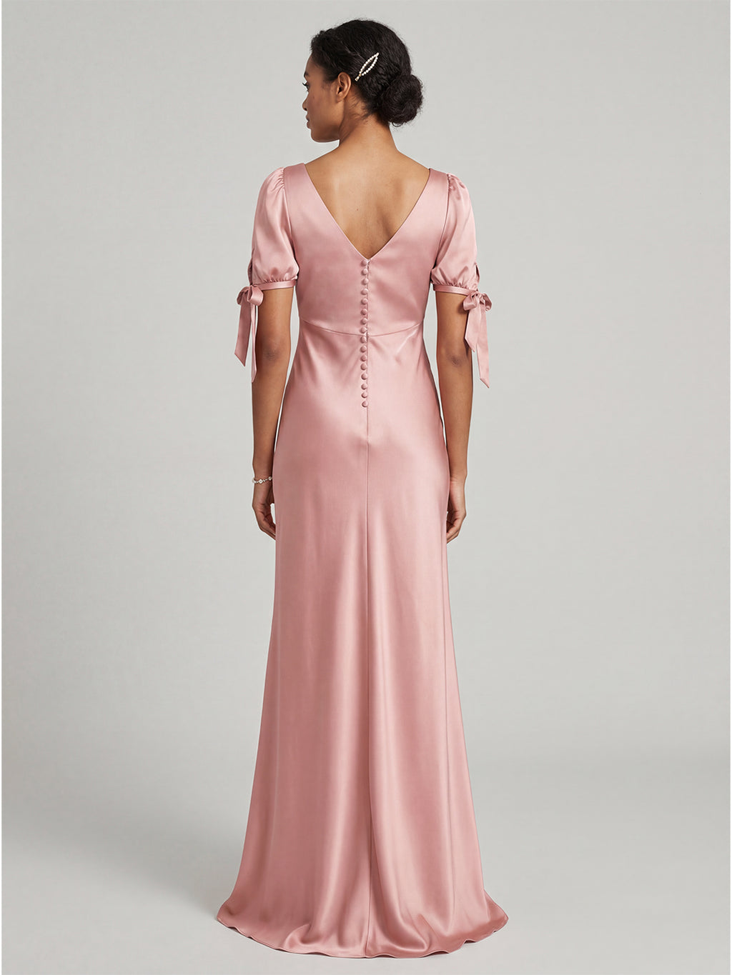Coquette Dusty Rose Satin Sheath V-Neck V-Back Ankle-Length Bridesmaid Dress