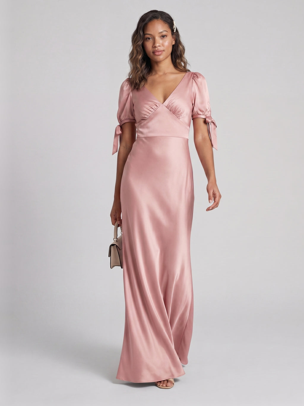 Coquette Dusty Rose Satin Sheath V-Neck V-Back Ankle-Length Bridesmaid Dress