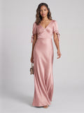 Coquette Dusty Rose Satin Sheath V-Neck V-Back Ankle-Length Bridesmaid Dress