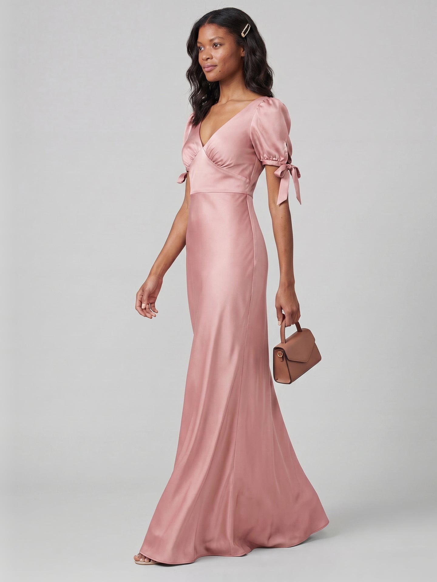 Coquette Dusty Rose Satin Sheath V-Neck V-Back Ankle-Length Bridesmaid Dress