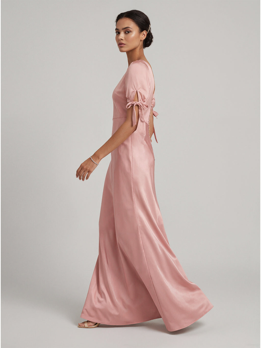 Coquette Dusty Rose Satin Sheath V-Neck V-Back Ankle-Length Bridesmaid Dress