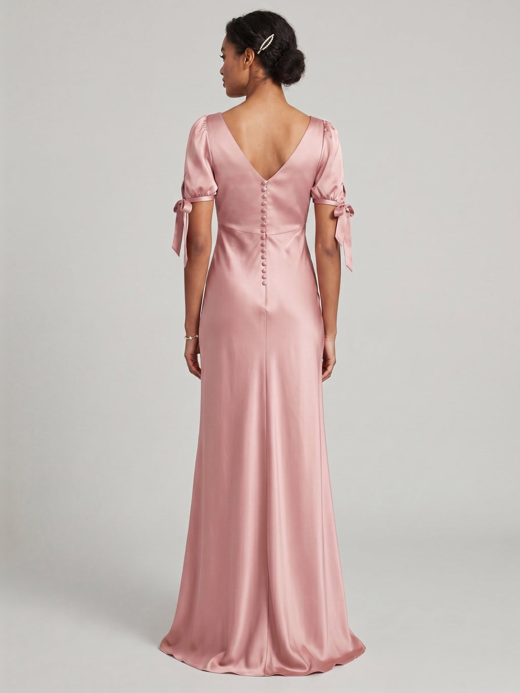 Coquette Dusty Rose Satin Sheath V-Neck V-Back Ankle-Length Bridesmaid Dress