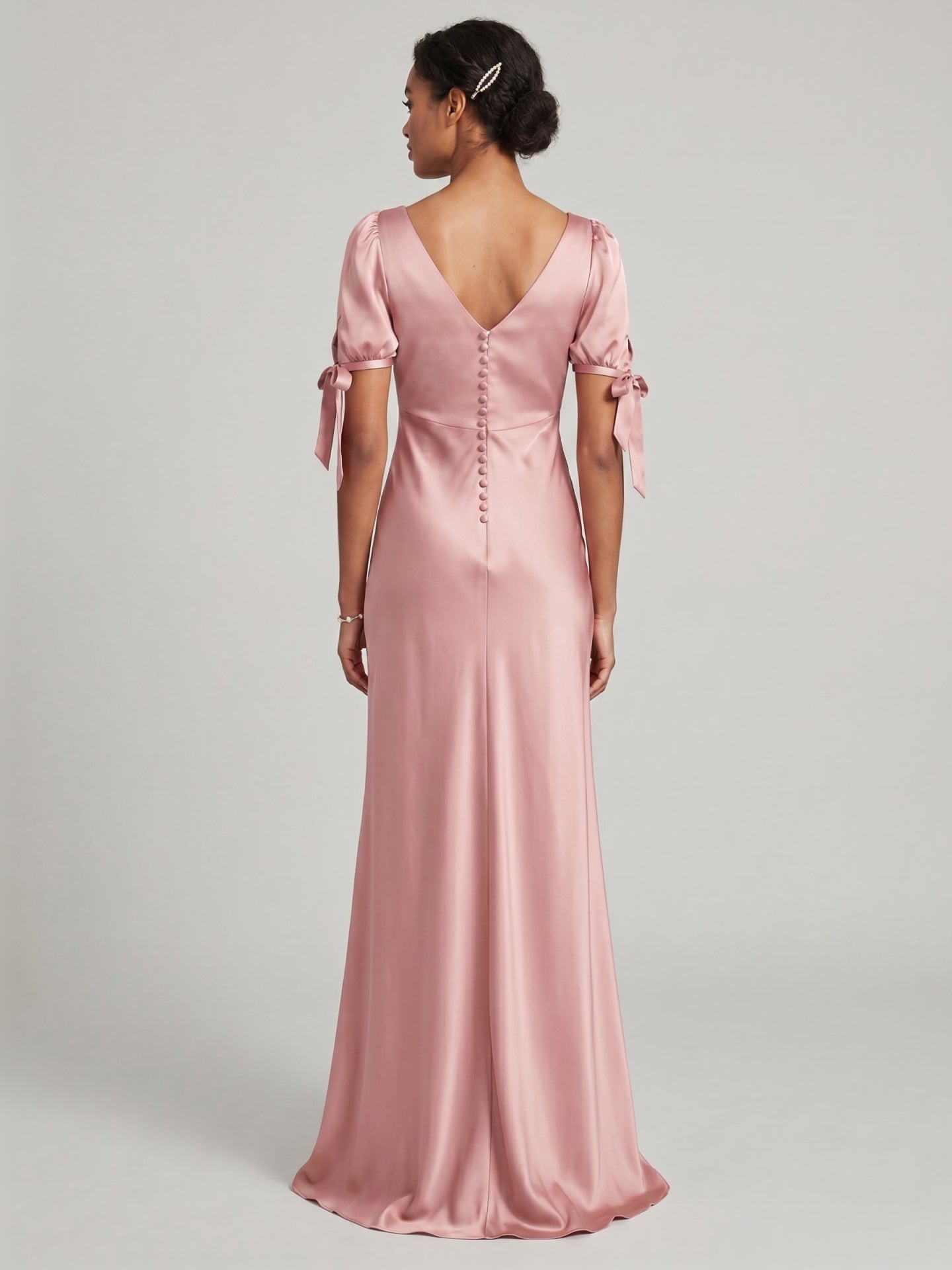 Coquette Dusty Rose Satin Sheath V-Neck V-Back Ankle-Length Bridesmaid Dress