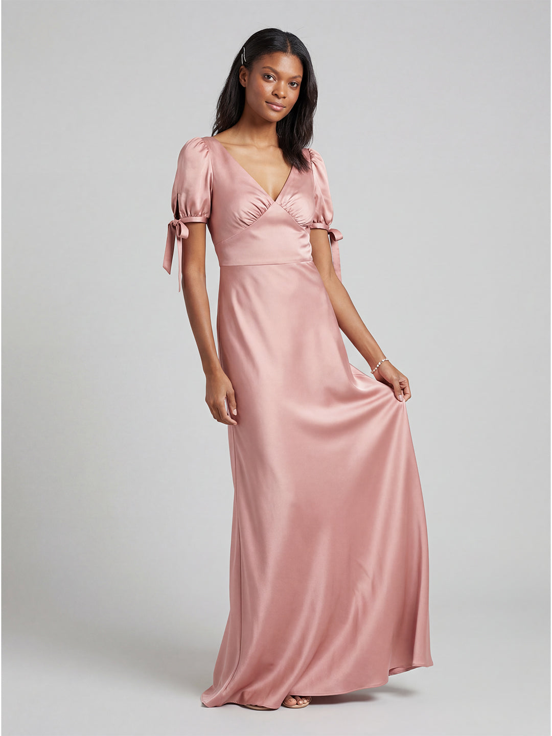 Coquette Dusty Rose Satin Sheath V-Neck V-Back Ankle-Length Bridesmaid Dress