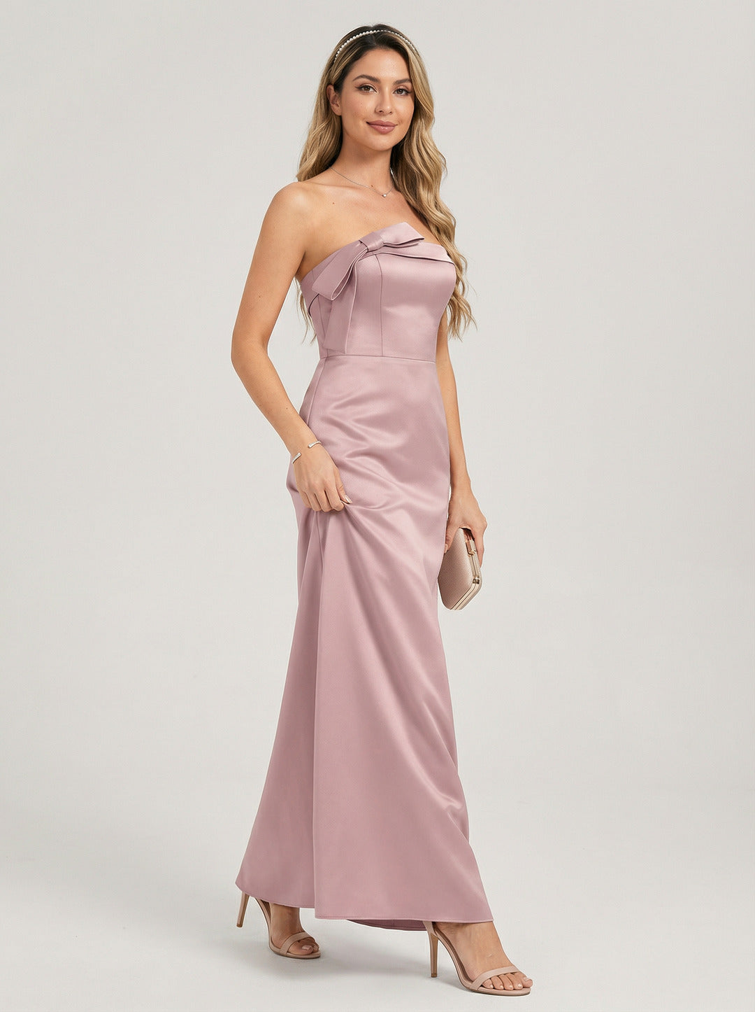 Coquette Dusty Rose Satin column Straight Neck Back Zip Ankle-Length Bridesmaid Dress