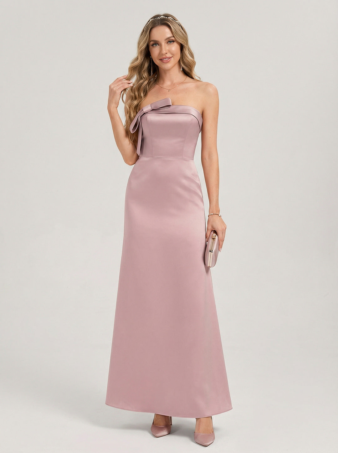 Coquette Dusty Rose Satin column Straight Neck Back Zip Ankle-Length Bridesmaid Dress