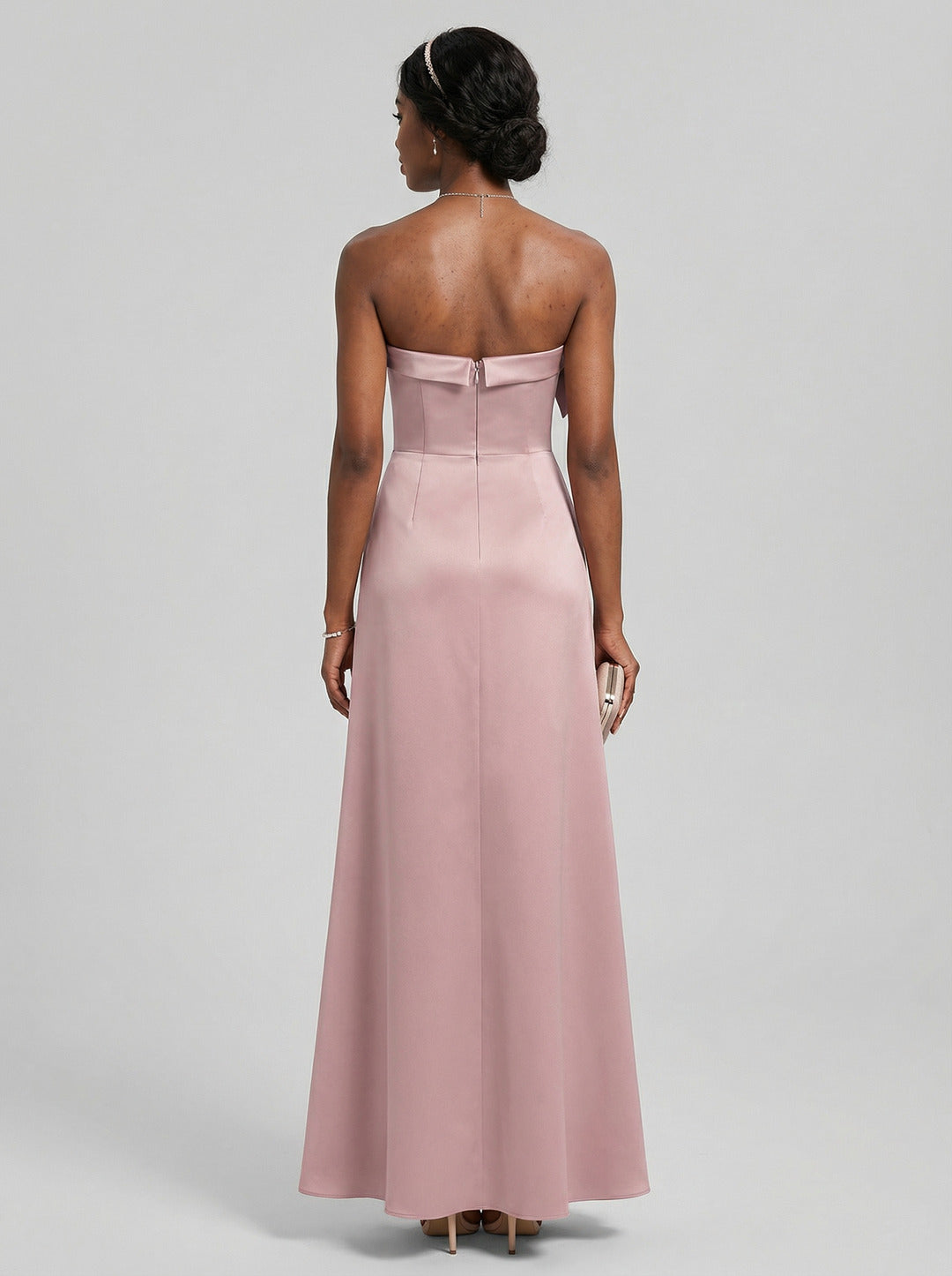 Coquette Dusty Rose Satin column Straight Neck Back Zip Ankle-Length Bridesmaid Dress