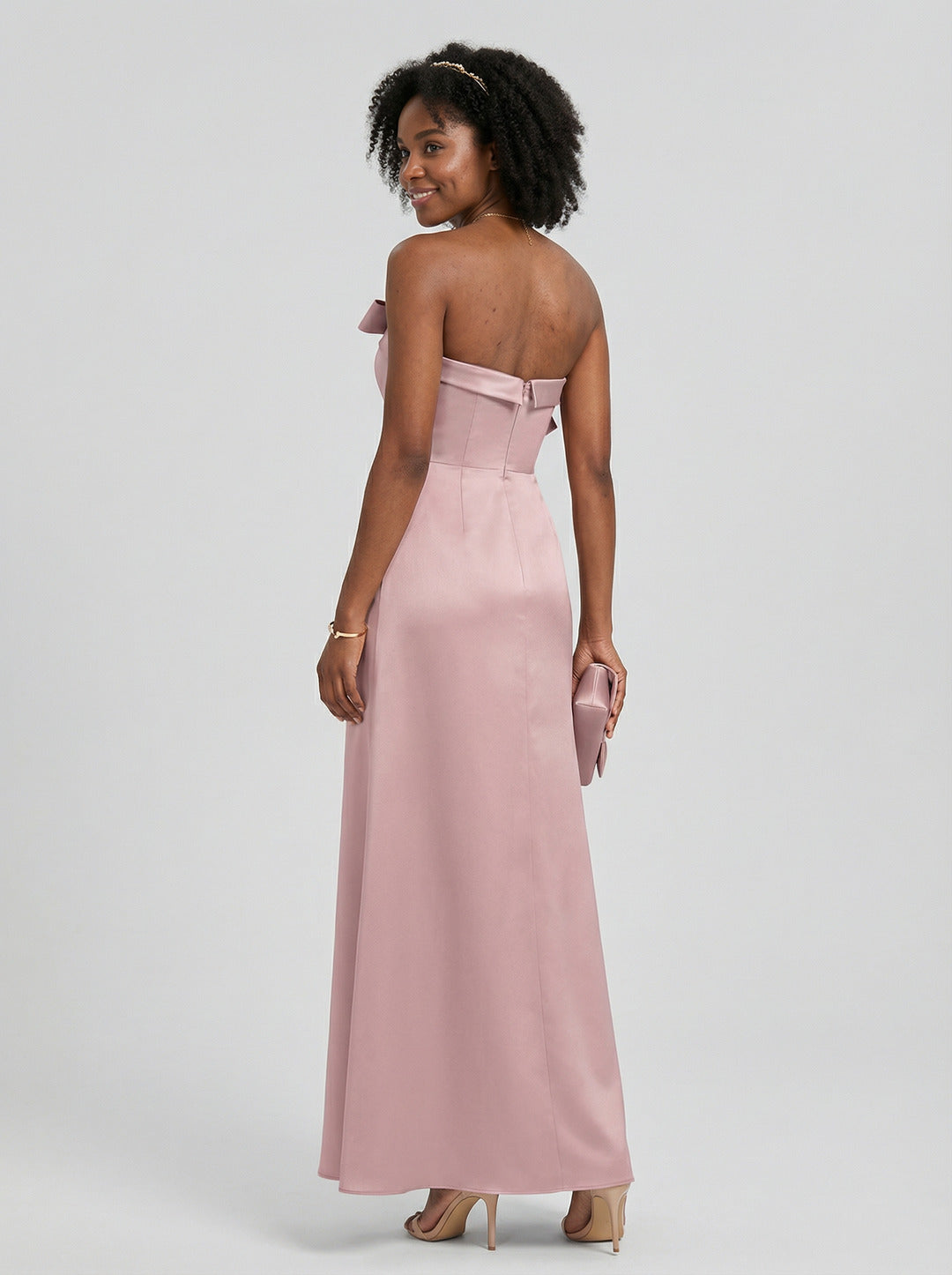 Coquette Dusty Rose Satin column Straight Neck Back Zip Ankle-Length Bridesmaid Dress