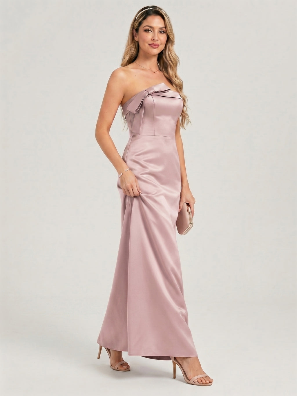 Coquette Dusty Rose Satin column Straight Neck Back Zip Ankle-Length Bridesmaid Dress