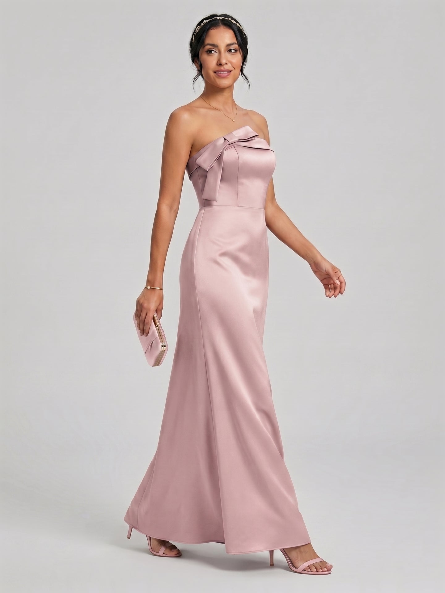 Coquette Dusty Rose Satin column Straight Neck Back Zip Ankle-Length Bridesmaid Dress