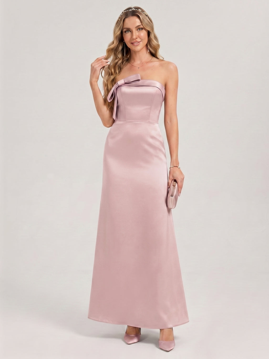 Coquette Dusty Rose Satin column Straight Neck Back Zip Ankle-Length Bridesmaid Dress