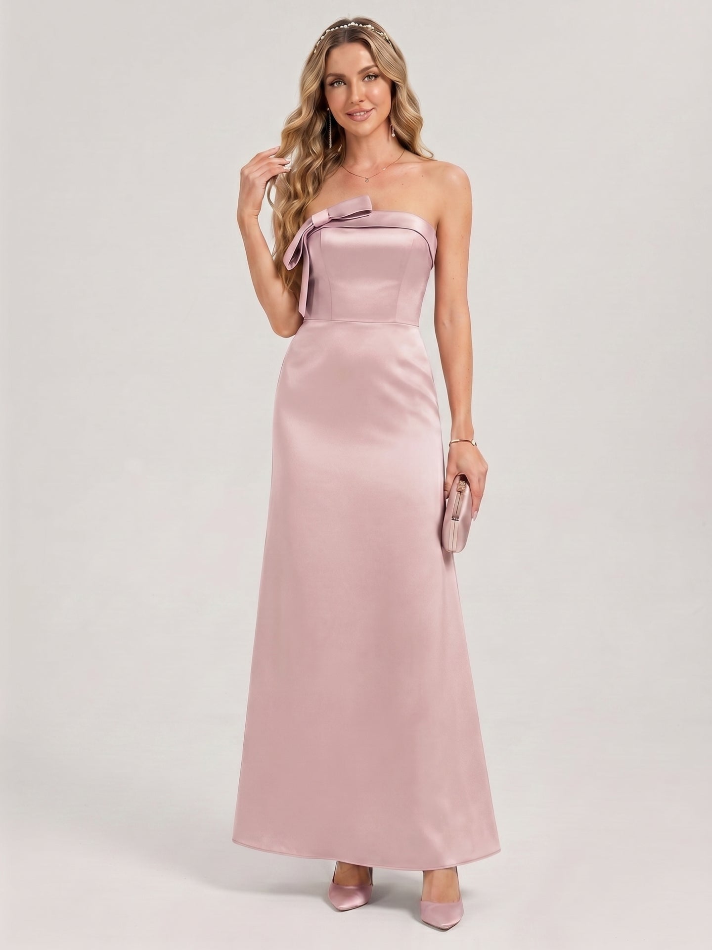 Coquette Dusty Rose Satin column Straight Neck Back Zip Ankle-Length Bridesmaid Dress