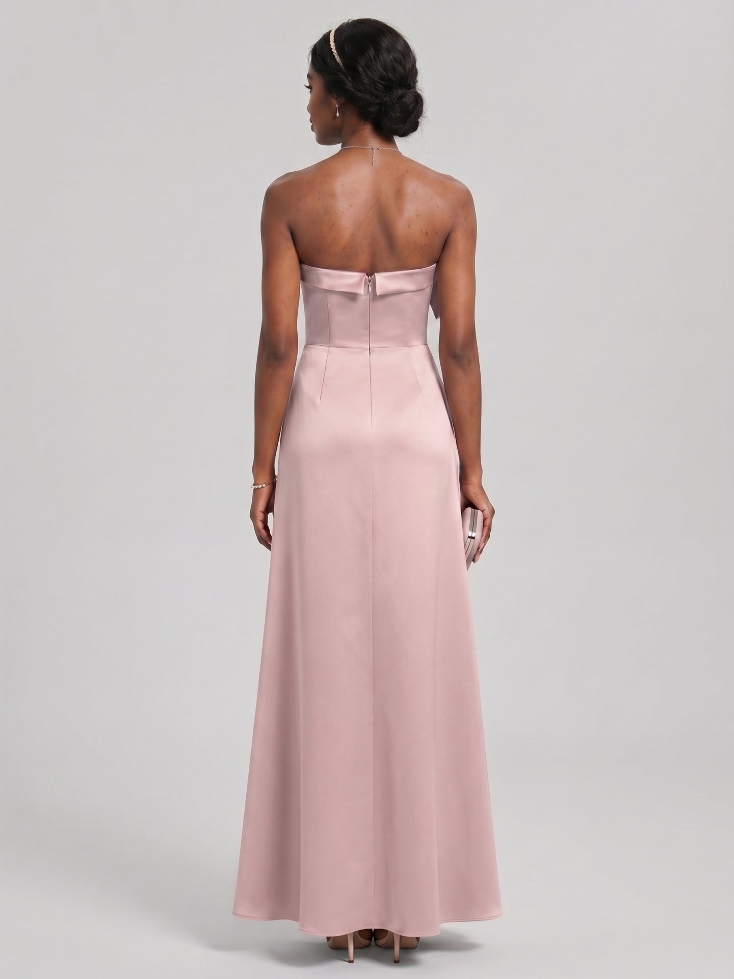 Coquette Dusty Rose Satin column Straight Neck Back Zip Ankle-Length Bridesmaid Dress