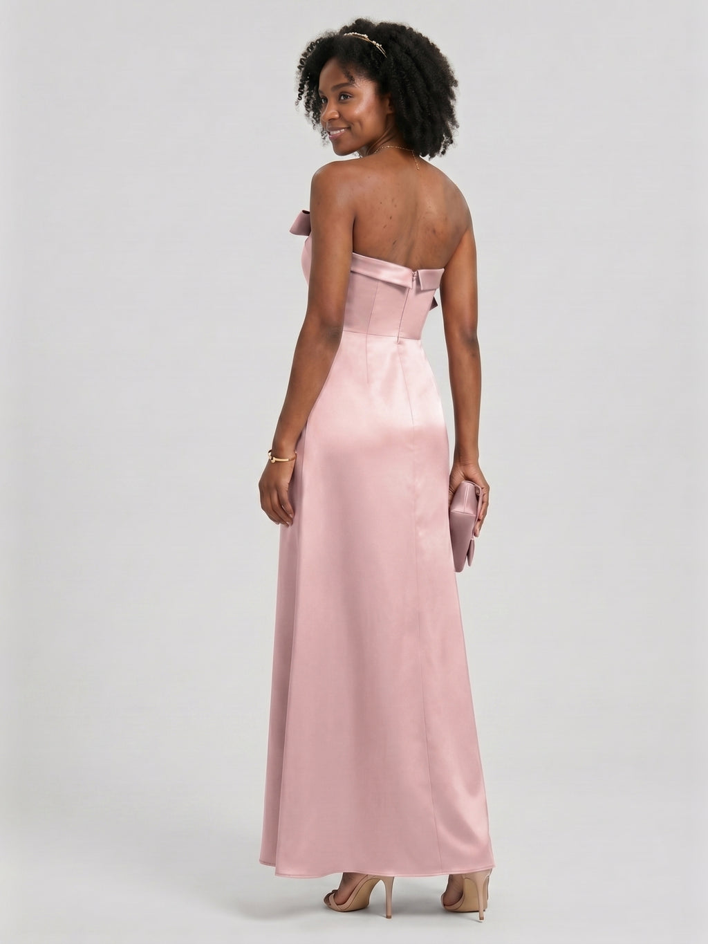 Coquette Dusty Rose Satin column Straight Neck Back Zip Ankle-Length Bridesmaid Dress