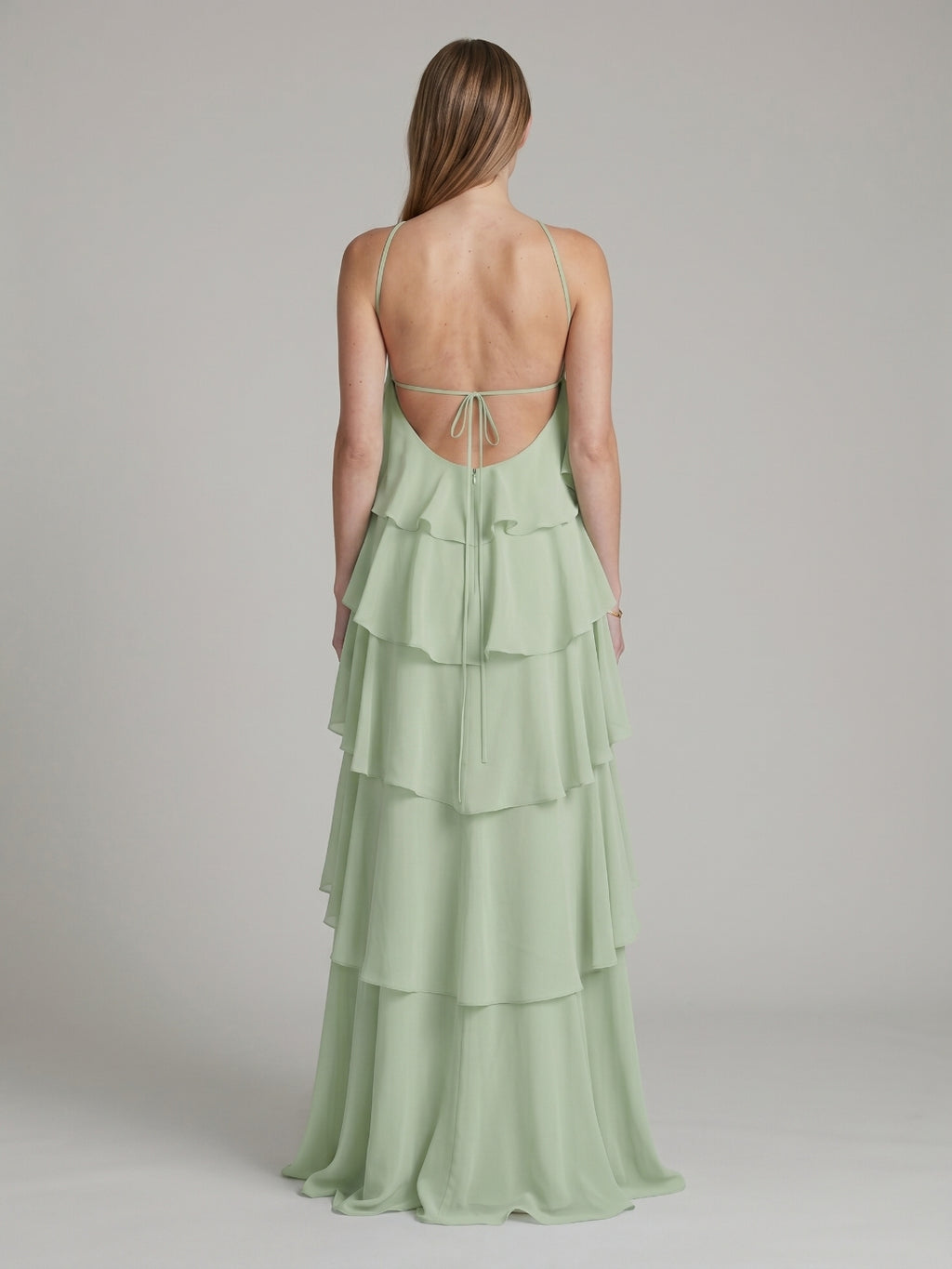Coquette Dusty Sage Chiffon A-Line Halter neckline Backless with Cascading Ruffles Ankle-Length Bridesmaid Dress