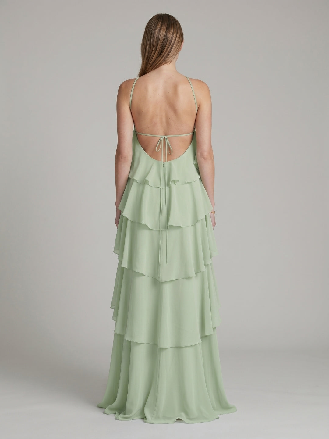 Coquette Dusty Sage Chiffon A-Line Halter neckline Backless with Cascading Ruffles Ankle-Length Bridesmaid Dress