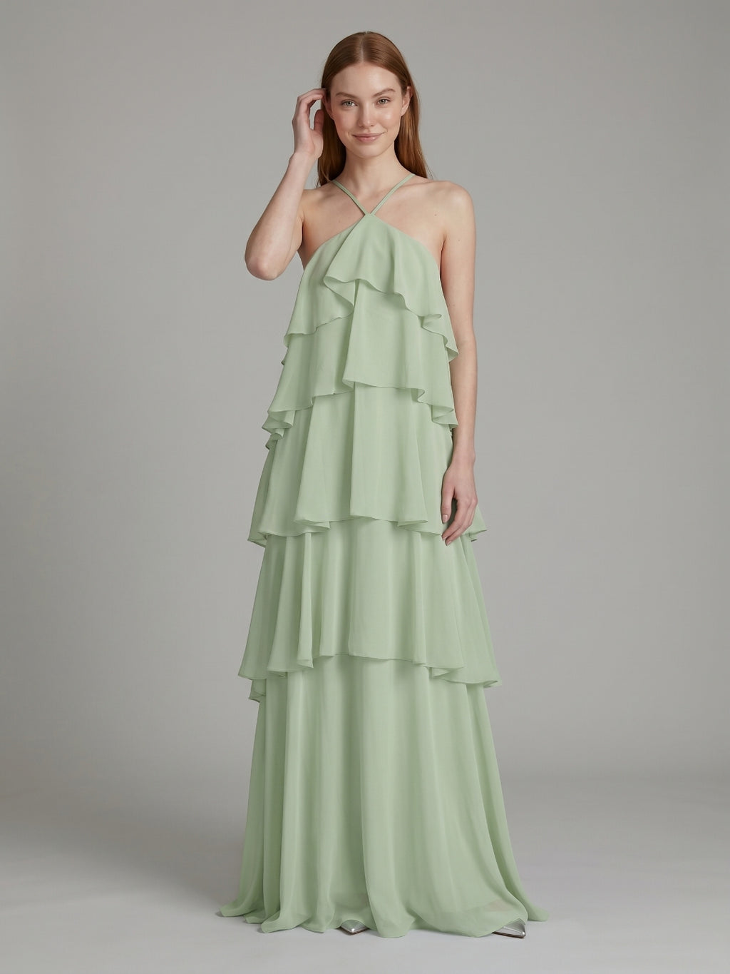Coquette Dusty Sage Chiffon A-Line Halter neckline Backless with Cascading Ruffles Ankle-Length Bridesmaid Dress