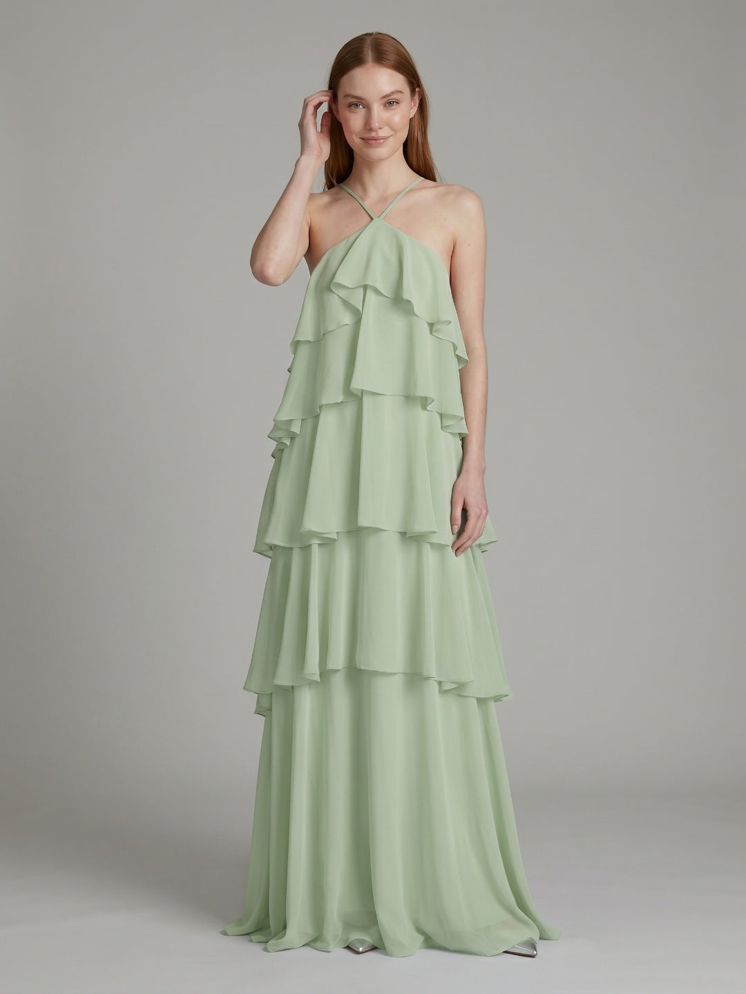 Coquette Dusty Sage Chiffon A-Line Halter neckline Backless with Cascading Ruffles Ankle-Length Bridesmaid Dress