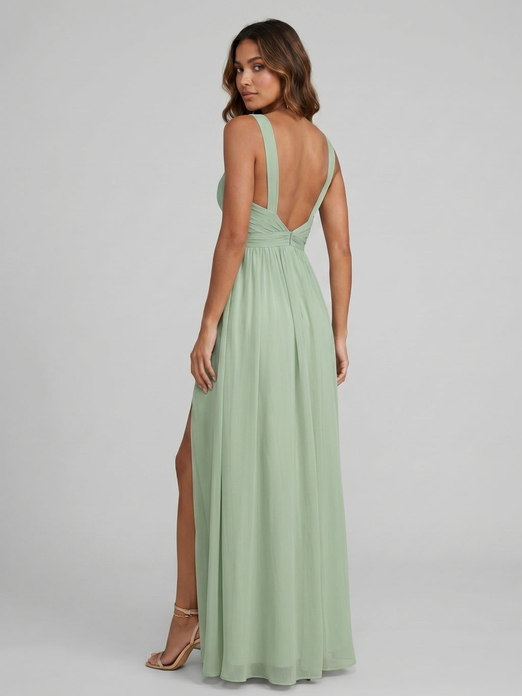 Coquette Dusty Sage Chiffon A-Line Sweetheart Backless Ankle-Length with Pleated Bridesmaid Dress