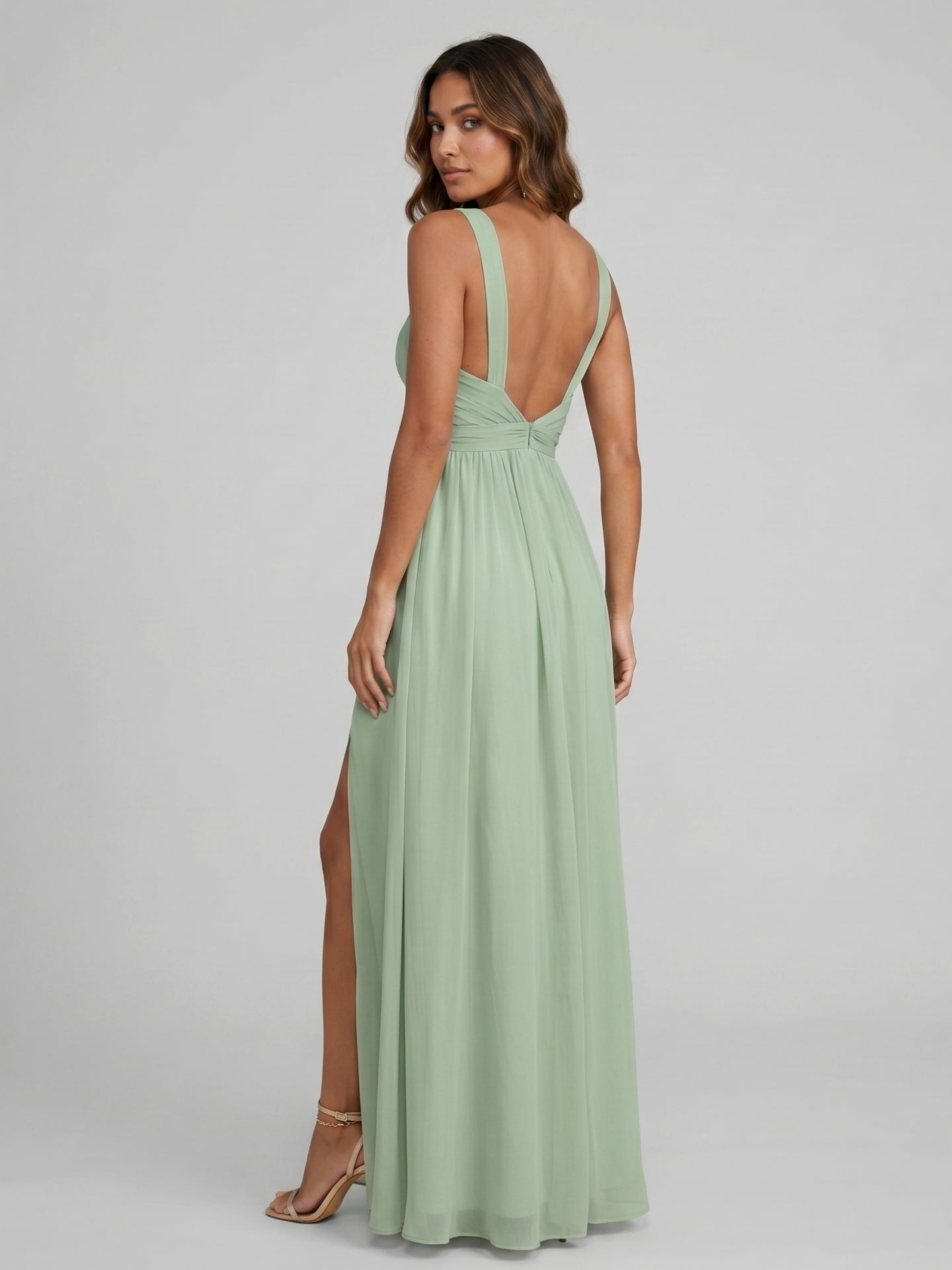 Coquette Dusty Sage Chiffon A-Line Sweetheart Backless Ankle-Length with Pleated Bridesmaid Dress