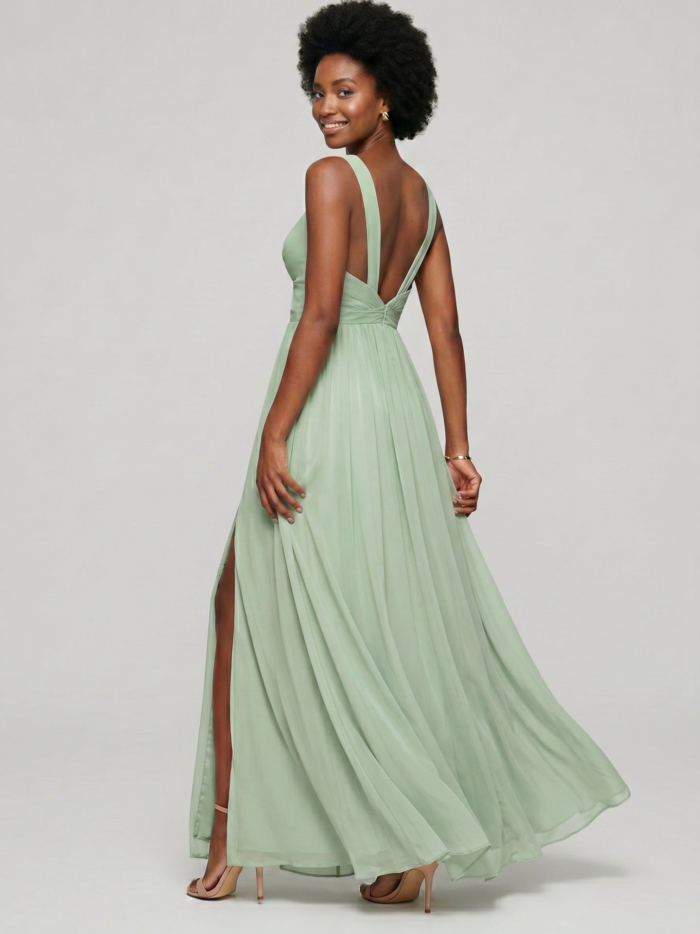 Coquette Dusty Sage Chiffon A-Line Sweetheart Backless Ankle-Length with Pleated Bridesmaid Dress