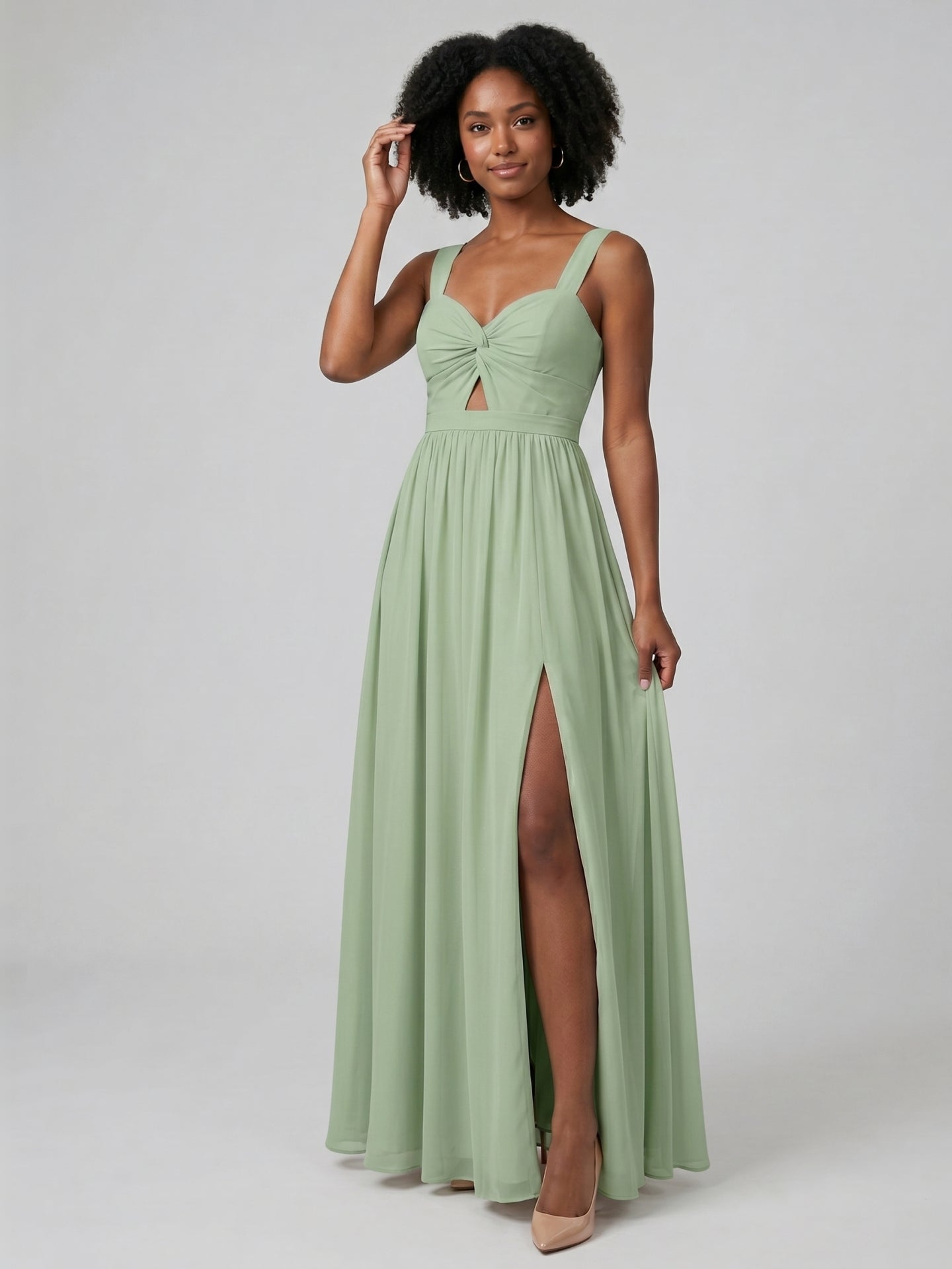 Coquette Dusty Sage Chiffon A-Line Sweetheart Backless Ankle-Length with Pleated Bridesmaid Dress